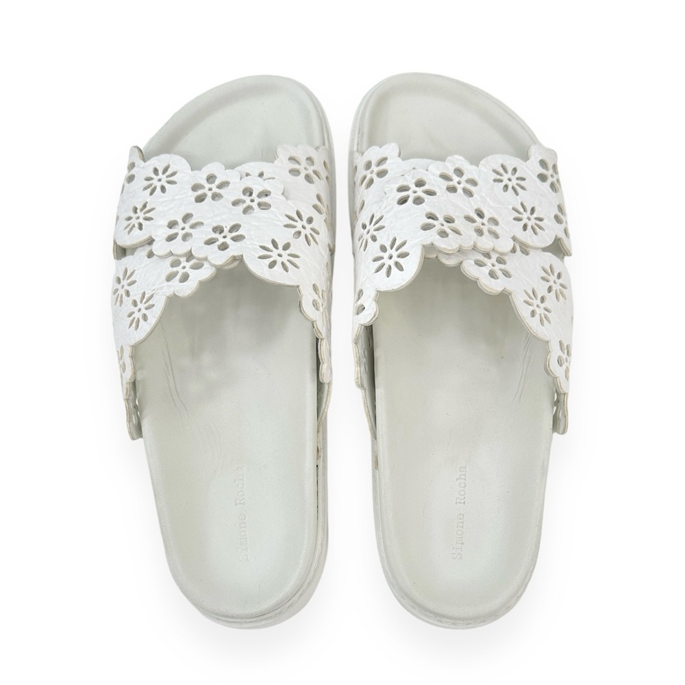 Simone Rocha White Laser Cut Flower Floral Leather Chunky Platform Slides sz 40
